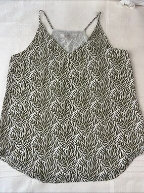 LOFT Olive and White Leaf-Print V-Neck Cami